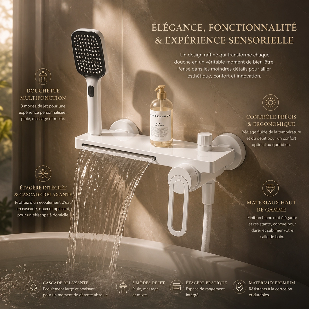Détail mitigeur de bain mural blanc Lérida